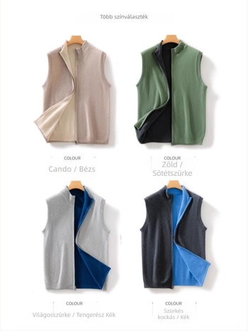 Gyapjú kötött kardigán mellény álló gallérral, ujjatlan, elöl cipzár, kétoldalas, 100% gyapjú