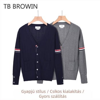 TB BROWIN Kardigán koreai stílusú csíkos jacquard kötés, V-nyakú, hosszú ujjú, gyapjú 30–35%, középhosszú