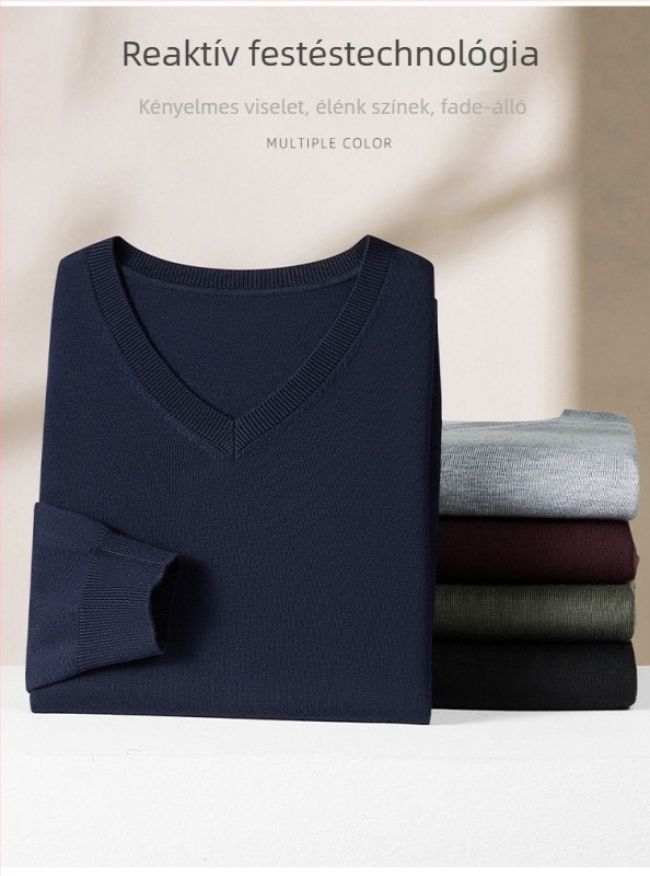 Férfi gyapjú V-nyakú pulóver, hosszú ujjú, fleece bélésű, 30–35% gyapjú, sűrű kötés