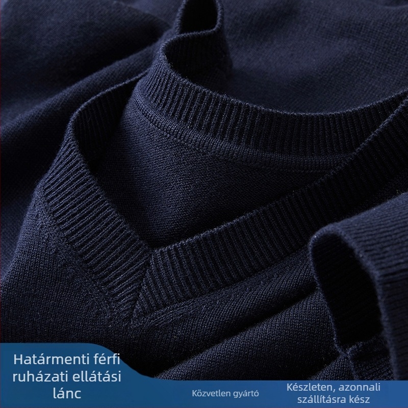 Férfi gyapjú V-nyakú pulóver, hosszú ujjú, fleece bélésű, 30–35% gyapjú, sűrű kötés