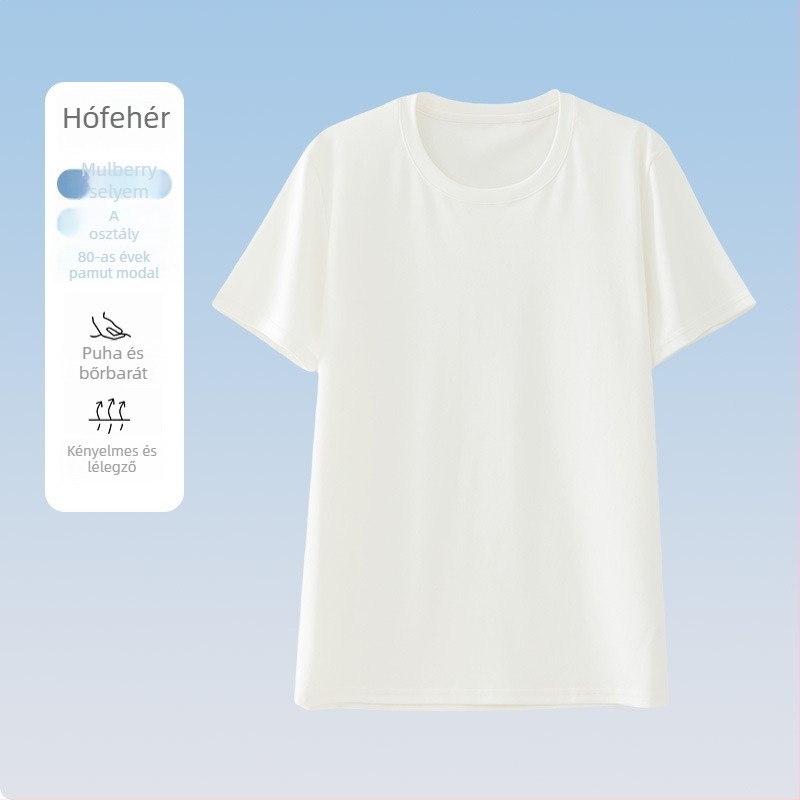 Férfi rövid ujjú modál-selyem keverékű T-shirt, kerek nyakú, légáteresztő nyári felső