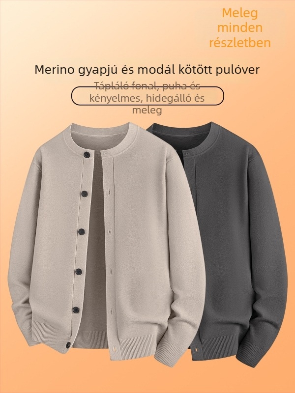 Férfi kötött kardigán Merino gyapjú Modal keverékből, laza szabású, kerek nyakú, hosszú ujjú