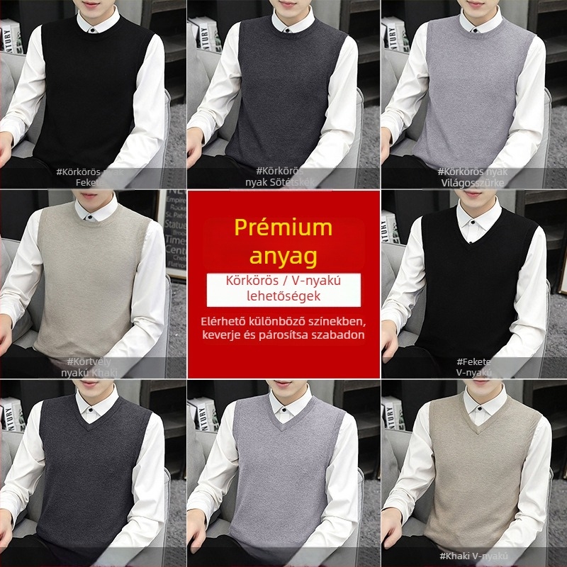 Férfi ujjatlan kötött mellény álló gallérral – Slim-fit, bordázott alsó szél, 95% viszkóz, őszi-téli szezonra