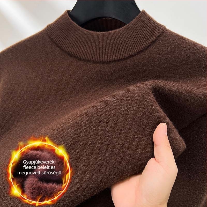 Férfi gyapjú pulóver fleece-béléssel, félmagas gallér, intarsia kötés, akril-vilnos keverék, őszi-téli stílus