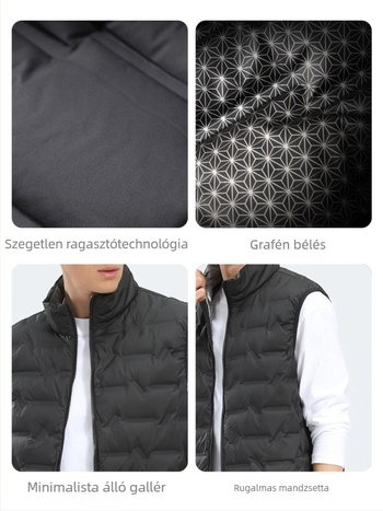 Uniszex őszi-téli álló galléros, ujj nélküli pehely mellény, könnyű, 86–90% pehelytartalom, 50–100 g töltet, elülső cipzár, poliészteranyag