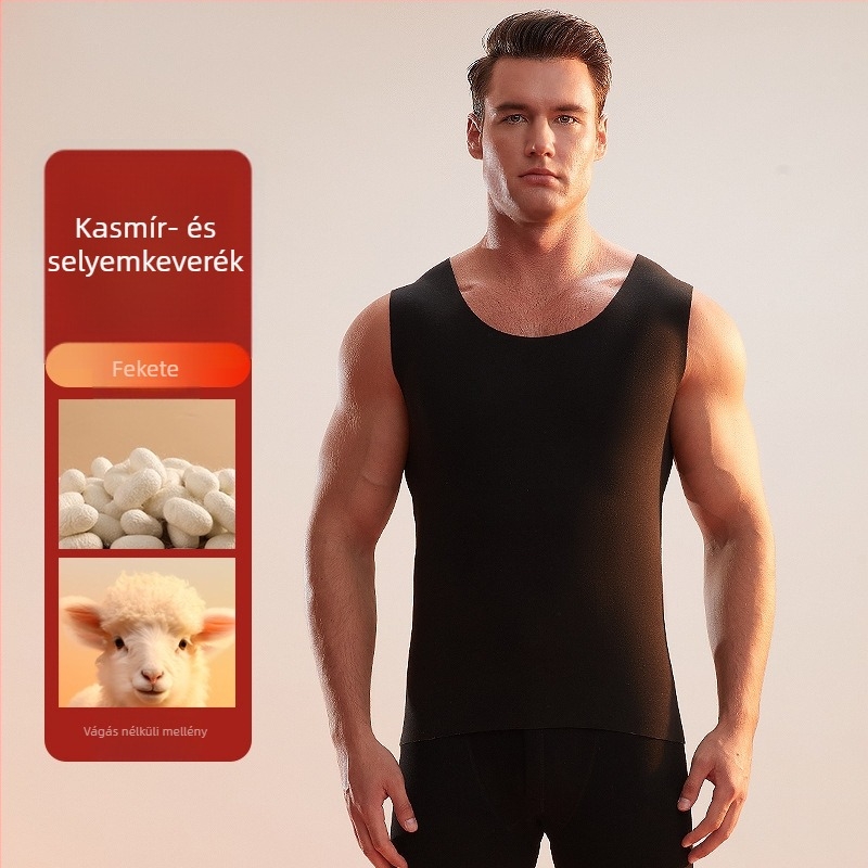 Férfi termomellény, kasmír-poliészter keverék, vastag anyag 251–300 g/m², kerek gallér, téli–tavaszi–ősz ideális