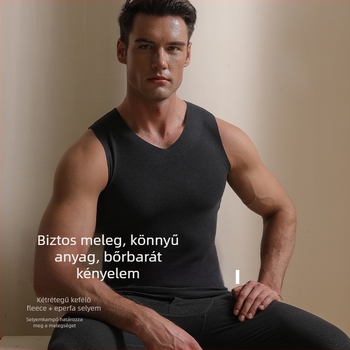 Férfi termál mellény V-nyakú, fleece-béléses, kötött anyag, középhosszú, poliészter-spandex (90–95% poliészter)