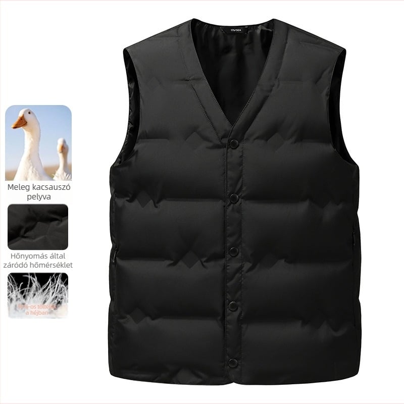 Férfi tollmellény, ujj nélküli, téli viselet, 2025 téli szezon, anyag: nylon, töltet: lúd toll, töltet-tartalom 86–90%, vastag kivitel