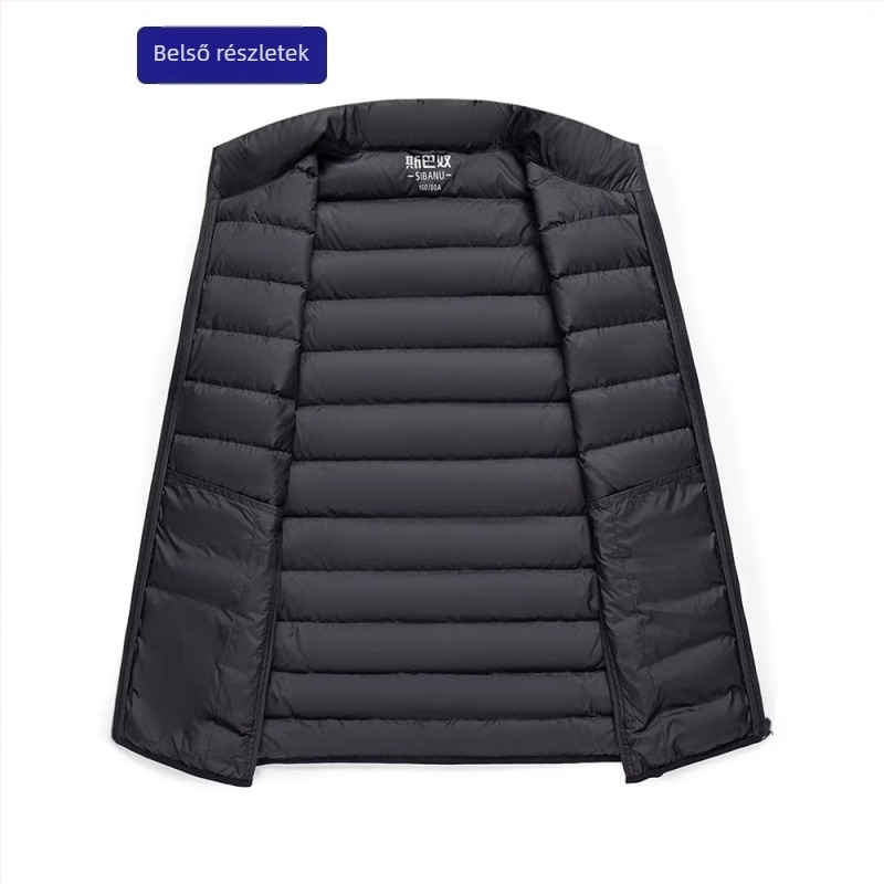 Uniszex könnyű tollmellény cipzárral, álló gallérrel, téli szezonra; külső anyag: nylon, bélés: poliészter, töltet: fehér kacsa toll