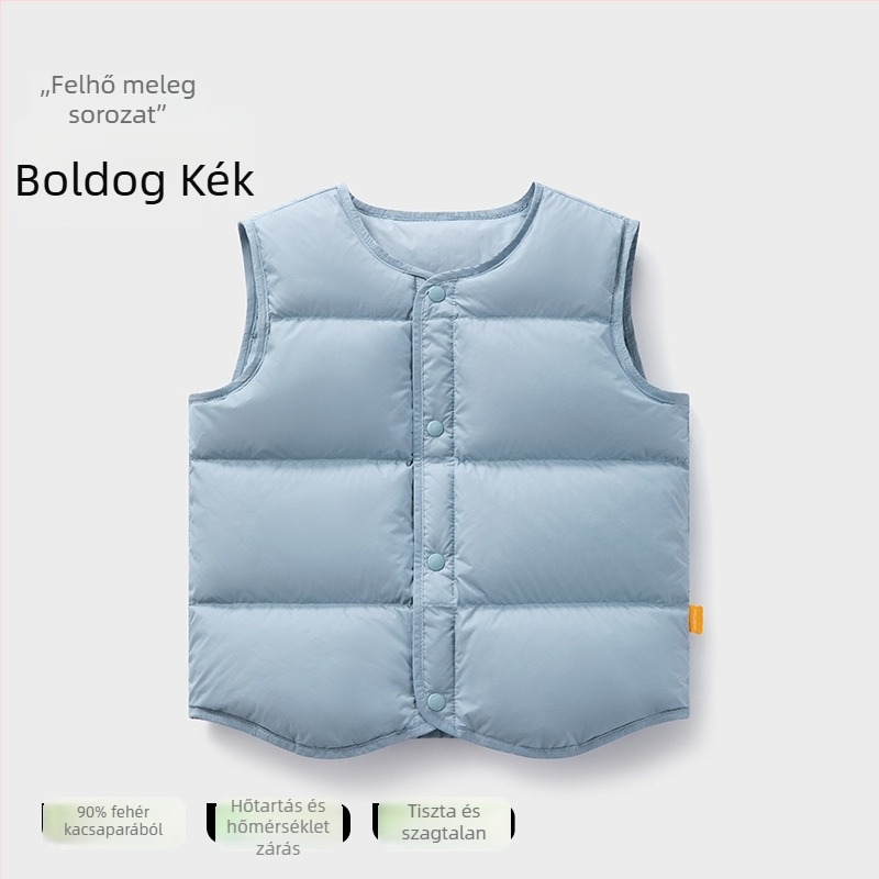 Gyerekeknek tervezett téli vékony tollas mellény ujj nélküli; töltet: 90% fehér kacsatoll; külső és bélés nylon; középhosszú, laza szabás; 1–3 éves korosztálynak.