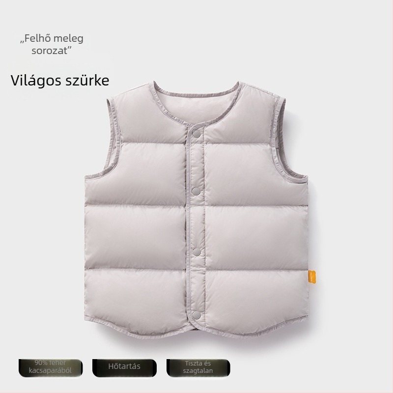 Gyerekeknek tervezett téli vékony tollas mellény ujj nélküli; töltet: 90% fehér kacsatoll; külső és bélés nylon; középhosszú, laza szabás; 1–3 éves korosztálynak.