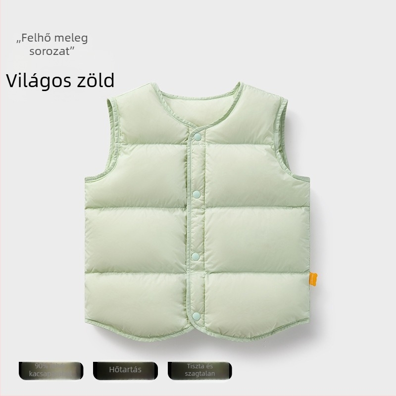 Gyerekeknek tervezett téli vékony tollas mellény ujj nélküli; töltet: 90% fehér kacsatoll; külső és bélés nylon; középhosszú, laza szabás; 1–3 éves korosztálynak.