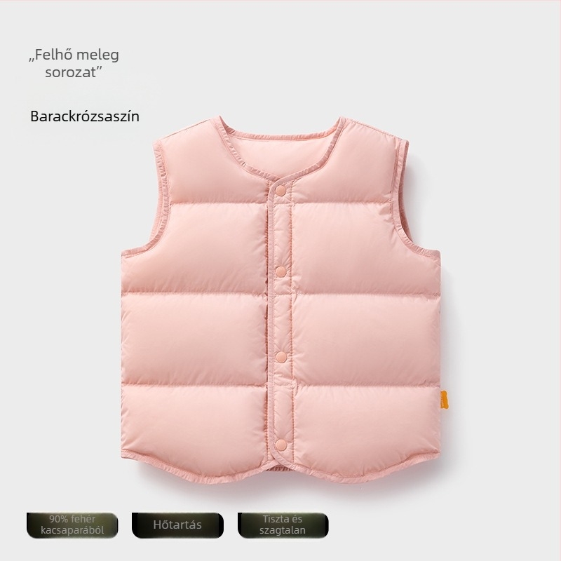 Gyerekeknek tervezett téli vékony tollas mellény ujj nélküli; töltet: 90% fehér kacsatoll; külső és bélés nylon; középhosszú, laza szabás; 1–3 éves korosztálynak.