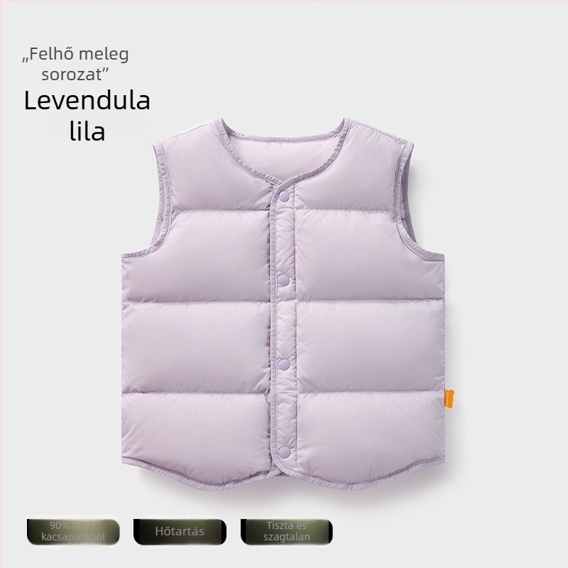 Gyerekeknek tervezett téli vékony tollas mellény ujj nélküli; töltet: 90% fehér kacsatoll; külső és bélés nylon; középhosszú, laza szabás; 1–3 éves korosztálynak.