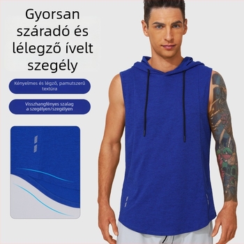 Férfi ujjatlan kapucnis mellény – légáteresztő, gyorsan száradó, 100% poliészter, futáshoz és edzéshez (nyár/tavasz)
