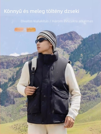 Férfi álló galléros pehelymellény, plüss béléssel, 60–90 g töltet, cipzárral, szabad szabású