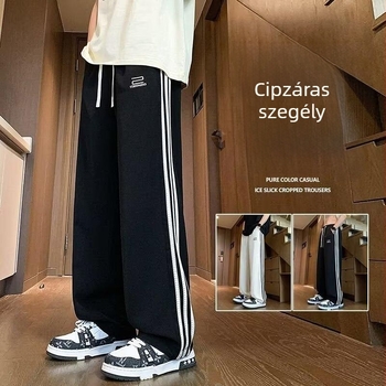 Férfiaknak lazán szabott sportos casual nadrág csíkos mintával, középső derekú, zsinórzár, zsebek