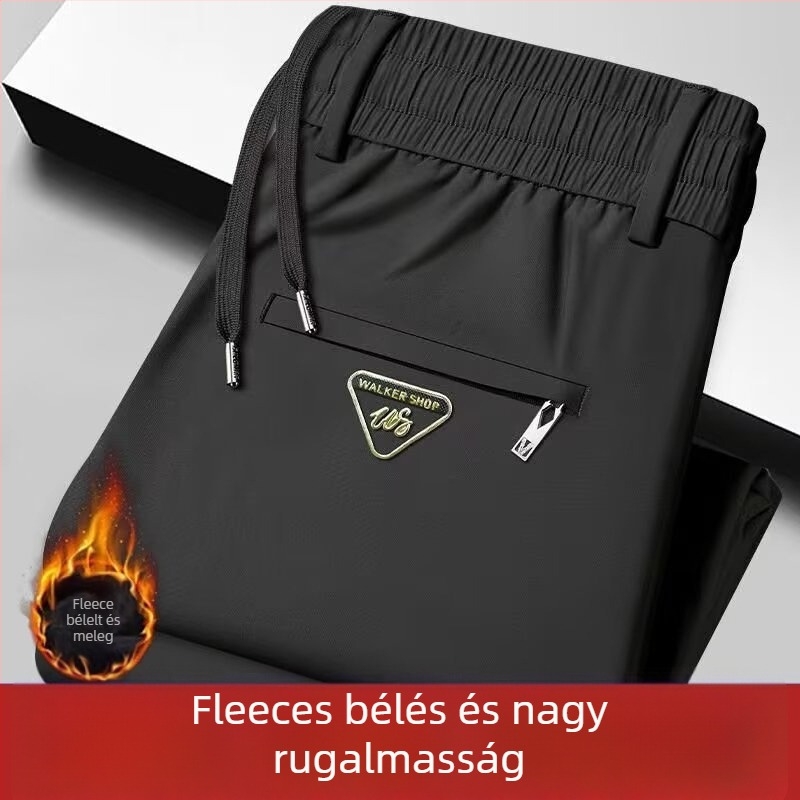 Fleece-betétes termosz nadrág, vastag téli fazon, egyenes szabású, elasztikus derékkal és kötőzsinórral, 100% poliészter