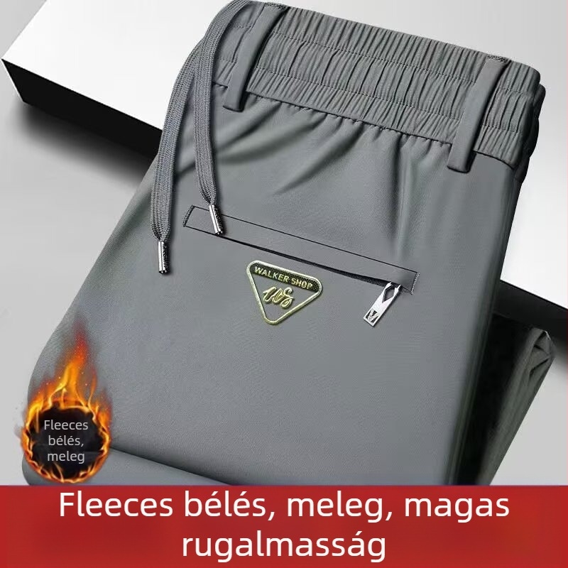 Fleece-betétes termosz nadrág, vastag téli fazon, egyenes szabású, elasztikus derékkal és kötőzsinórral, 100% poliészter