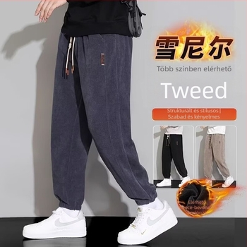 Corduroy fleece-lined férfi sportnadrág, lazán szabott, hosszú, középmagas derekú, zsinórral, téli viselet