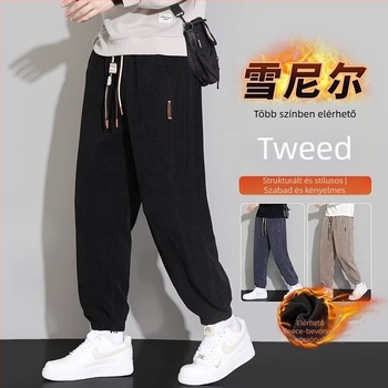 Corduroy fleece-lined férfi sportnadrág, lazán szabott, hosszú, középmagas derekú, zsinórral, téli viselet