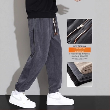 Corduroy fleece-lined férfi sportnadrág, lazán szabott, hosszú, középmagas derekú, zsinórral, téli viselet