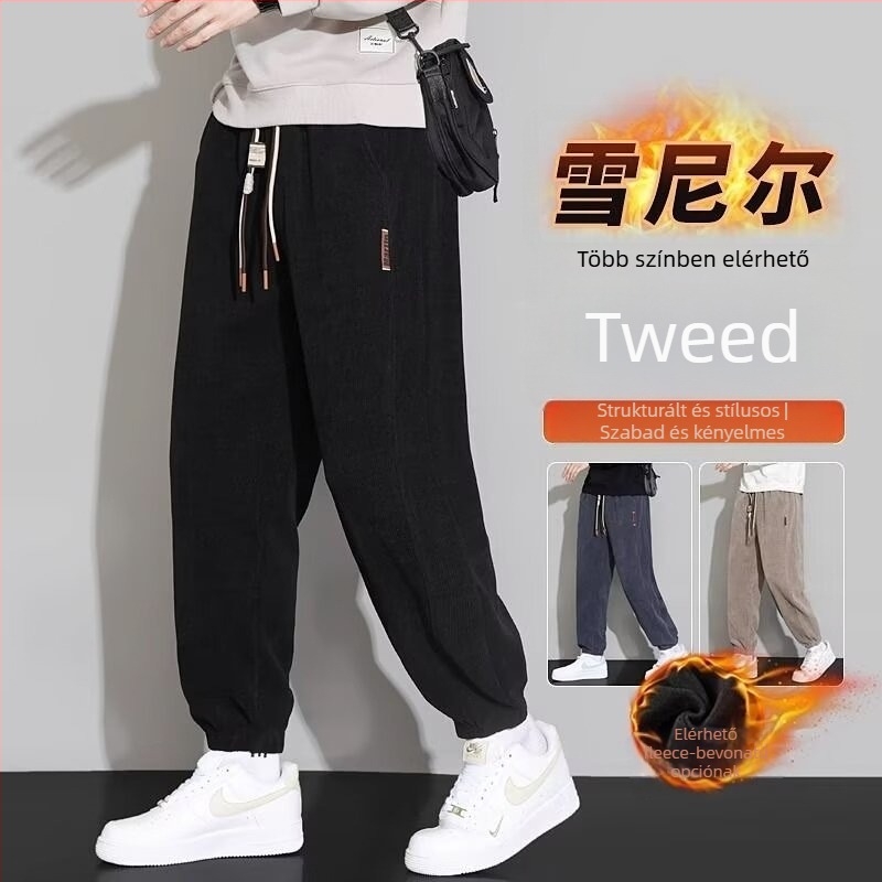 Corduroy fleece-lined férfi sportnadrág, lazán szabott, hosszú, középmagas derekú, zsinórral, téli viselet