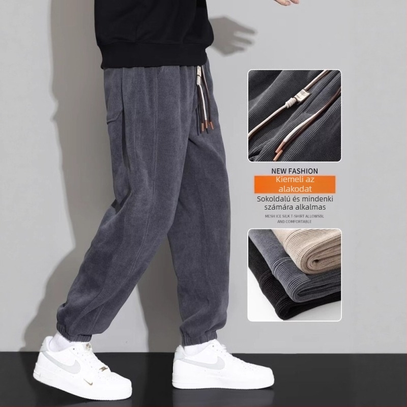 Corduroy fleece-lined férfi sportnadrág, lazán szabott, hosszú, középmagas derekú, zsinórral, téli viselet