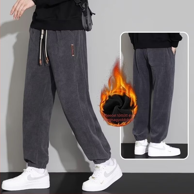 Corduroy fleece-lined férfi sportnadrág, lazán szabott, hosszú, középmagas derekú, zsinórral, téli viselet