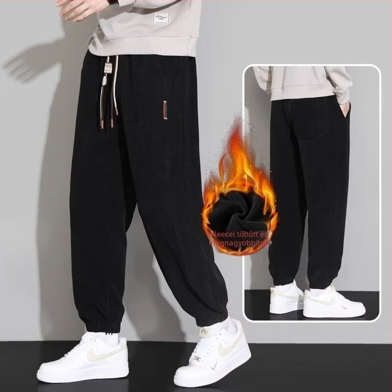 Corduroy fleece-lined férfi sportnadrág, lazán szabott, hosszú, középmagas derekú, zsinórral, téli viselet
