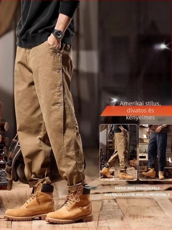 Munkaruházati casual nadrág férfiaknak, lazán szabott, hosszú, gombos zárás, poliészter keverék patchwork részletekkel