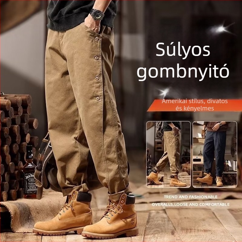 Munkaruházati casual nadrág férfiaknak, lazán szabott, hosszú, gombos zárás, poliészter keverék patchwork részletekkel