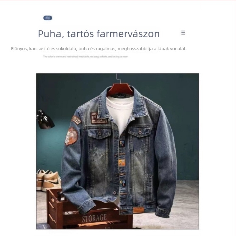 Férfi denim dzseki, téli vastagságú, állógallér, cipzár, több zseb, rojtos szélek