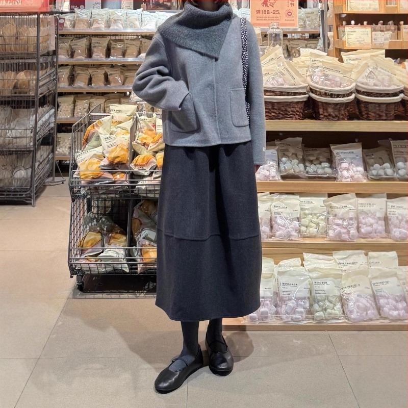 Hosszú A-vonalú gyapjú szoknya, magas derekú, japán-koreai casual stílus (5% gyapjú, gyapjú szövet, nem nyújtózik)