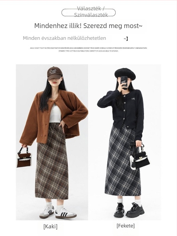 Kockás gyapjúkeverék fél szoknya, középméretű, japán/koreai casual stílus, poliészter rost