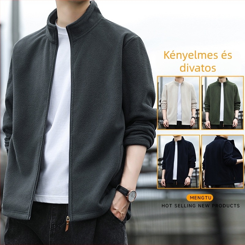 Férfi dzseki álló gallérral, cipzárral, 100% poliészter külső és bélés, egyszínű, Koreai stílus