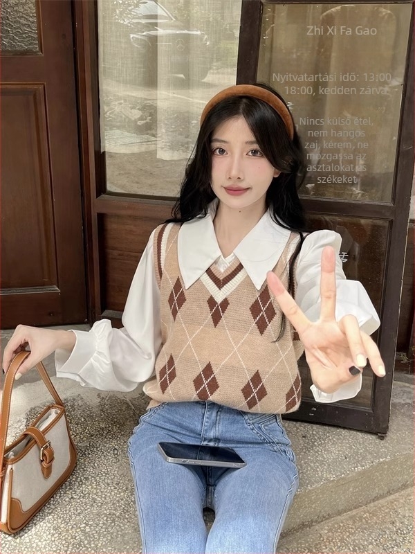Női ing polo gallérral, hosszú ujjú, chiffon-poliészter anyag, japán-koreai laza stílus