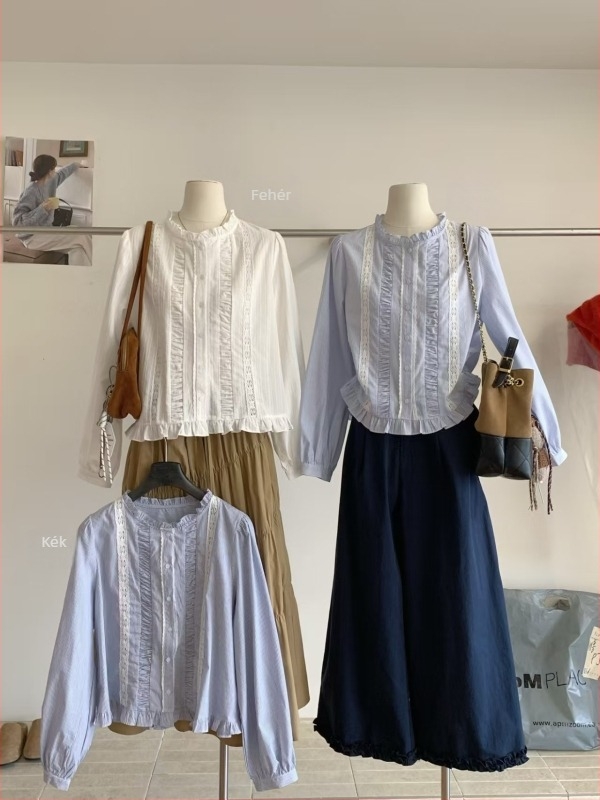Pamutból készült ing patchwork csipkés szegéllyel, hosszú ujjú, kerek nyak – TW635