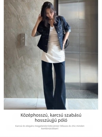 Női V-nyakú hosszú ujjú felső, slim fit, pamut-poliészter keverék, egyszínű, középmagas hossz, patchwork részlet