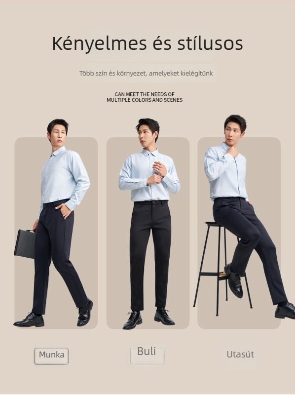 Férfi gyapjú nadrág – egyenes szár, középmagas derék, gyapjú-kasmír keverék, vasalásmentes, irodai viselet, több zseb