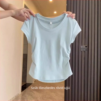 Koreai stílusú pamut T-shirt smock részlettel, egyszínű minta, rövid ujjú, kerek nyak, szűk fazon