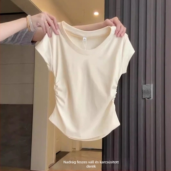 Koreai stílusú pamut T-shirt smock részlettel, egyszínű minta, rövid ujjú, kerek nyak, szűk fazon