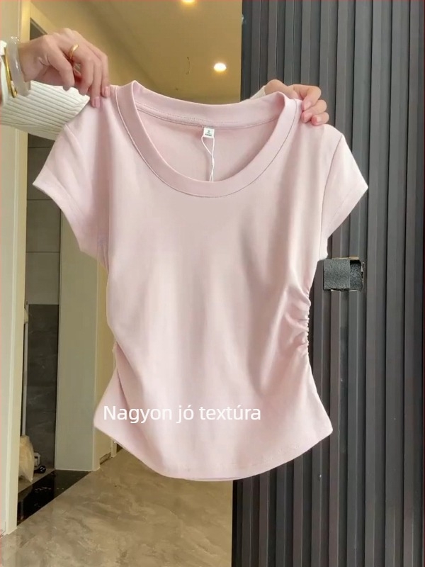 Koreai stílusú pamut T-shirt smock részlettel, egyszínű minta, rövid ujjú, kerek nyak, szűk fazon