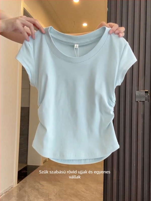 Koreai stílusú pamut T-shirt smock részlettel, egyszínű minta, rövid ujjú, kerek nyak, szűk fazon