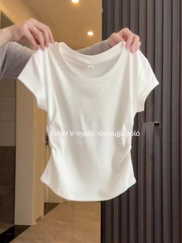Koreai stílusú pamut T-shirt smock részlettel, egyszínű minta, rövid ujjú, kerek nyak, szűk fazon