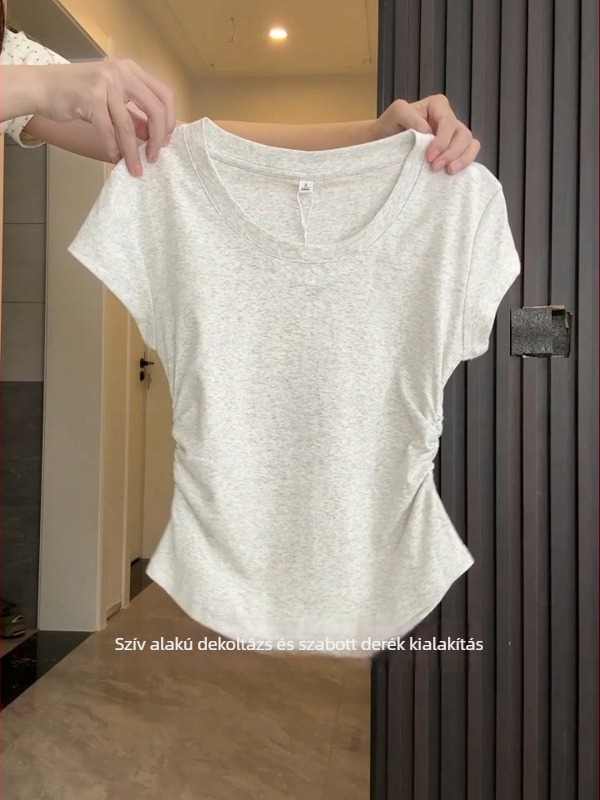 Koreai stílusú pamut T-shirt smock részlettel, egyszínű minta, rövid ujjú, kerek nyak, szűk fazon