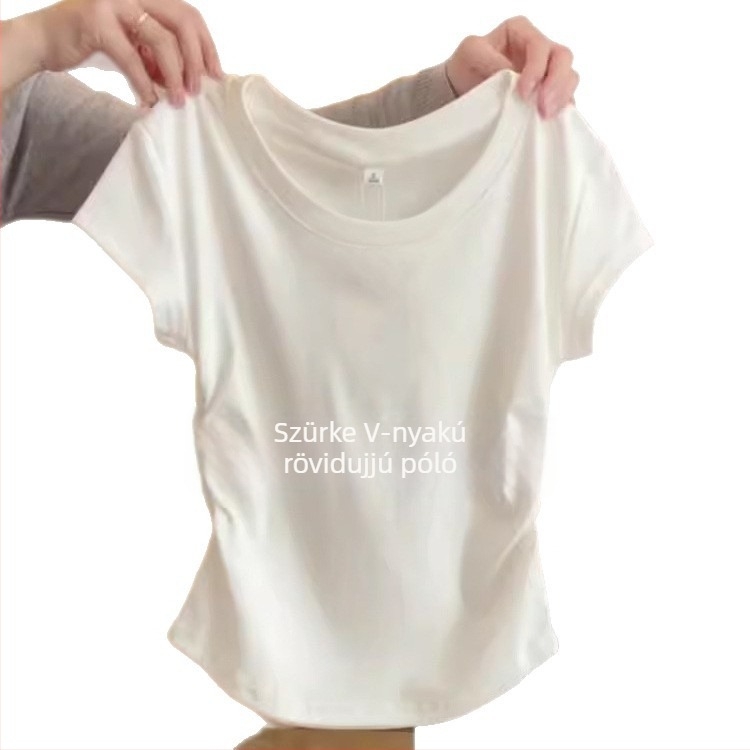 Koreai stílusú pamut T-shirt smock részlettel, egyszínű minta, rövid ujjú, kerek nyak, szűk fazon