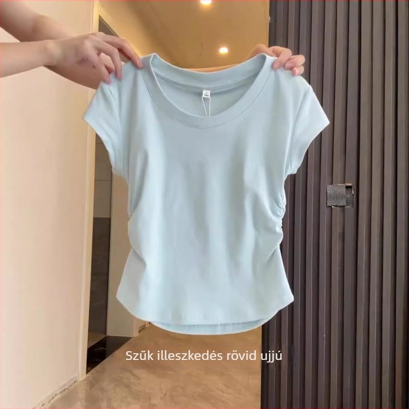 Koreai stílusú pamut T-shirt smock részlettel, egyszínű minta, rövid ujjú, kerek nyak, szűk fazon