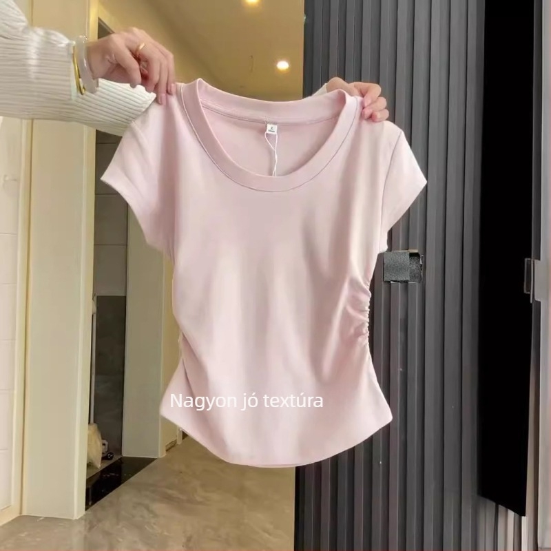 Koreai stílusú pamut T-shirt smock részlettel, egyszínű minta, rövid ujjú, kerek nyak, szűk fazon