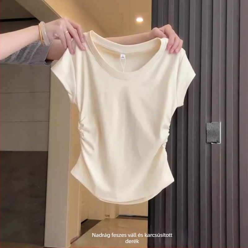 Koreai stílusú pamut T-shirt smock részlettel, egyszínű minta, rövid ujjú, kerek nyak, szűk fazon